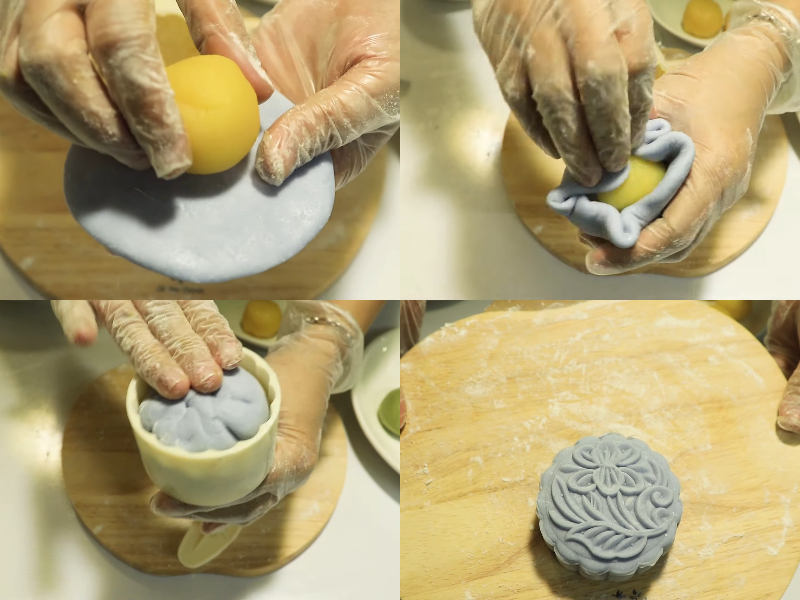 Nặn bánh và ấn khuôn tạo hình cho bánh trung thu